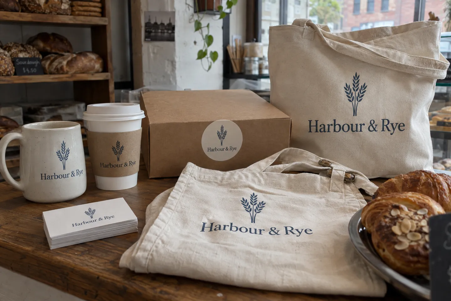 A bakery's mug, cup sleeve, pastry box, apron, tote and business cards all printed with one logo