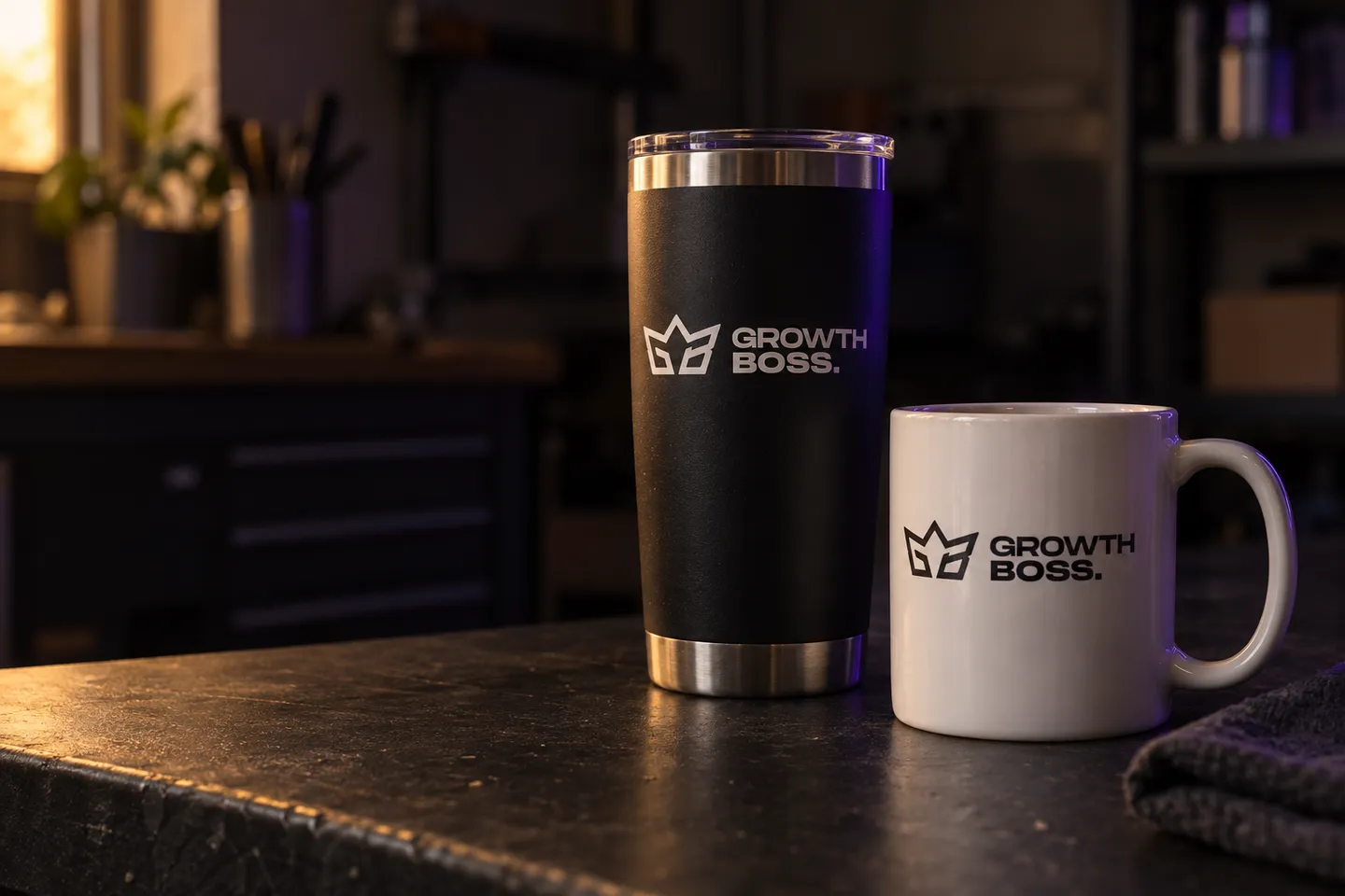 A black tumbler and a white mug printed with the Growth Boss logo
