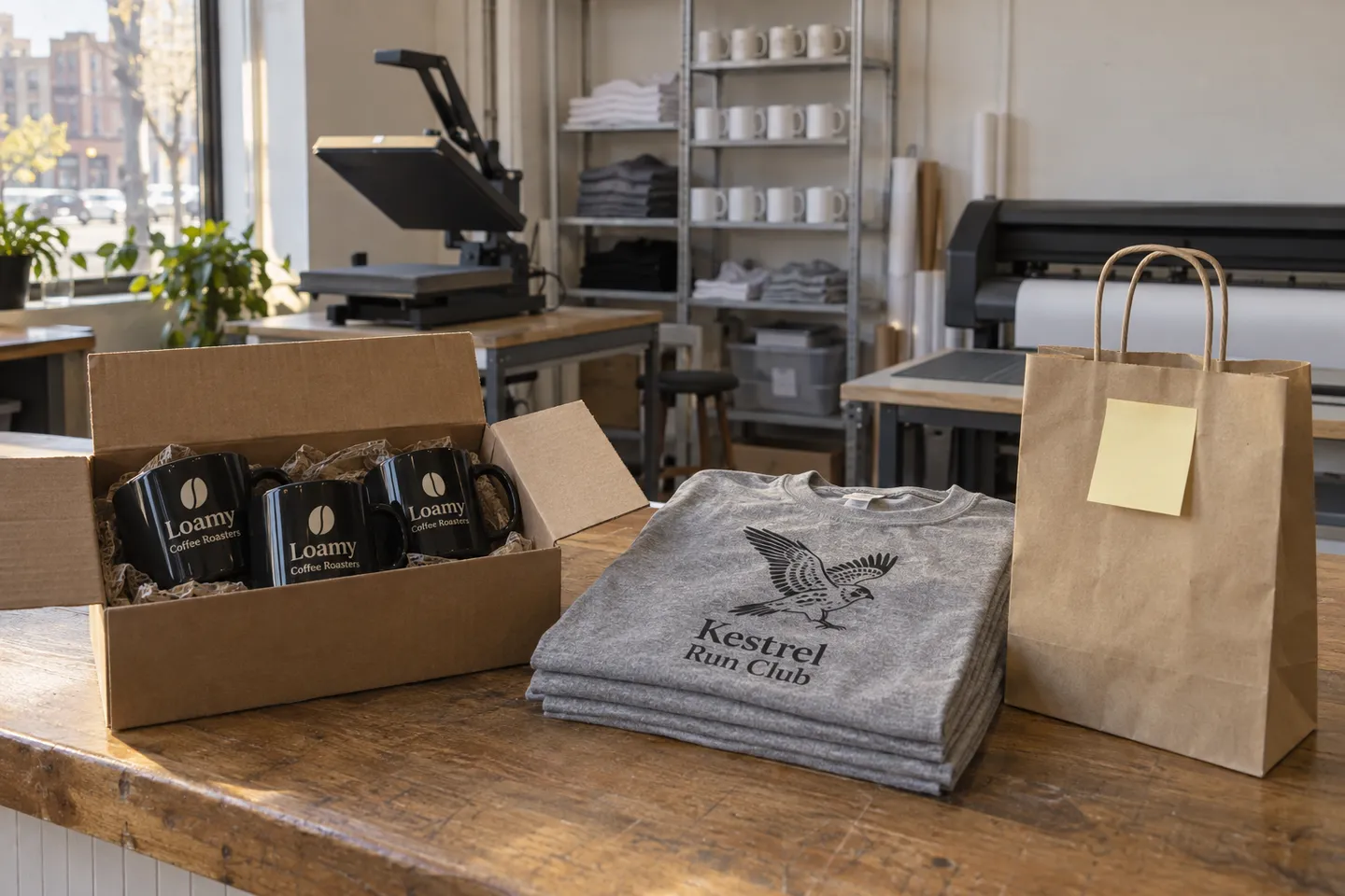 Finished orders of printed mugs and t-shirts waiting on a print shop counter for pickup