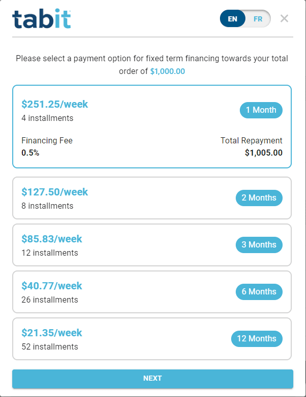 Tabit payment options: pick a fixed-term plan and see the weekly installment, financing fee, and total repayment.